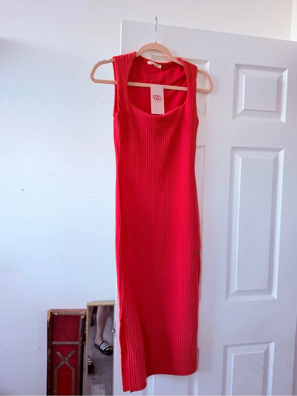 NWT Heart Hips Ribbed Midi Dress Bright Coral Pink Side Slit Sleeveless 
 Small - Picture 3 of 3